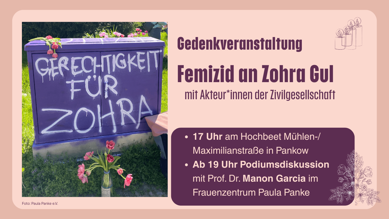 Gedenkveranstaltung: Femizid an Zohra Gul. Foto: Paula Panke, Canva